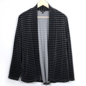 L Talbots Gray Black Striped Velour Open Cardigan